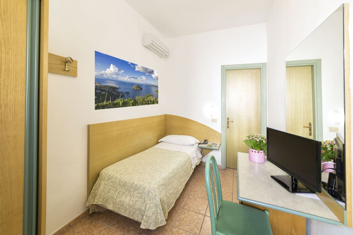 A small, tidy room with a single bed, a desk with a computer, a chair, a window with a cityscape view, and a door.
