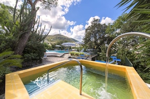 A pool area with clear water, surrounded by greenery and a mountain in the background. - Hotel Vittoria (Ischia)