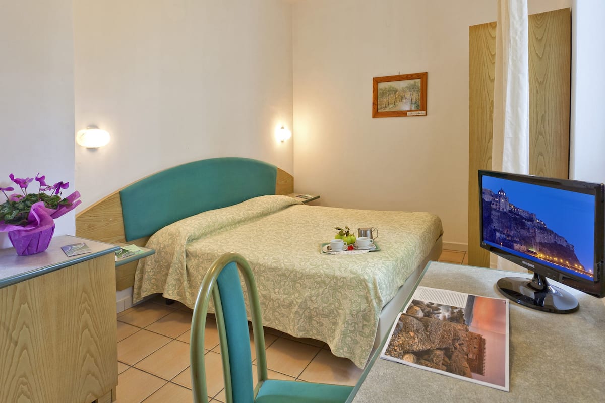 A hotel room with a bed, a desk with a computer, a chair, a small table with a plant, and a wall-mounted TV.