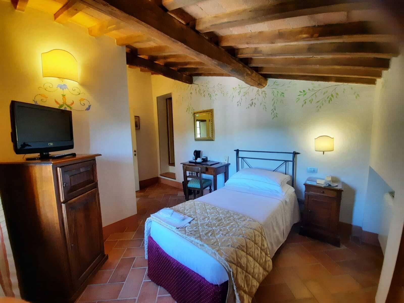 Ein Schlafzimmer mit einem Bett, einem Schreibtisch, einem Fernseher und einem Spiegel.