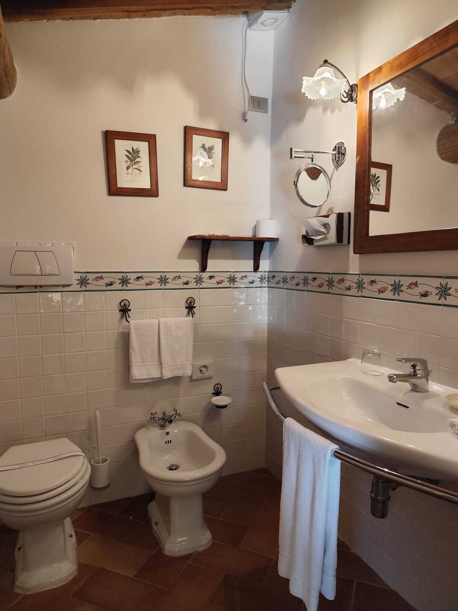 A bathroom with a toilet, bidet, and sink, with decorative tiles and framed pictures on the wall.