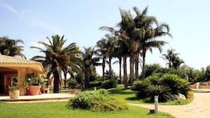A well-maintained garden with palm trees and potted plants, a pathway leading to a building with a tiled roof. - Disio Resort (Marsala)