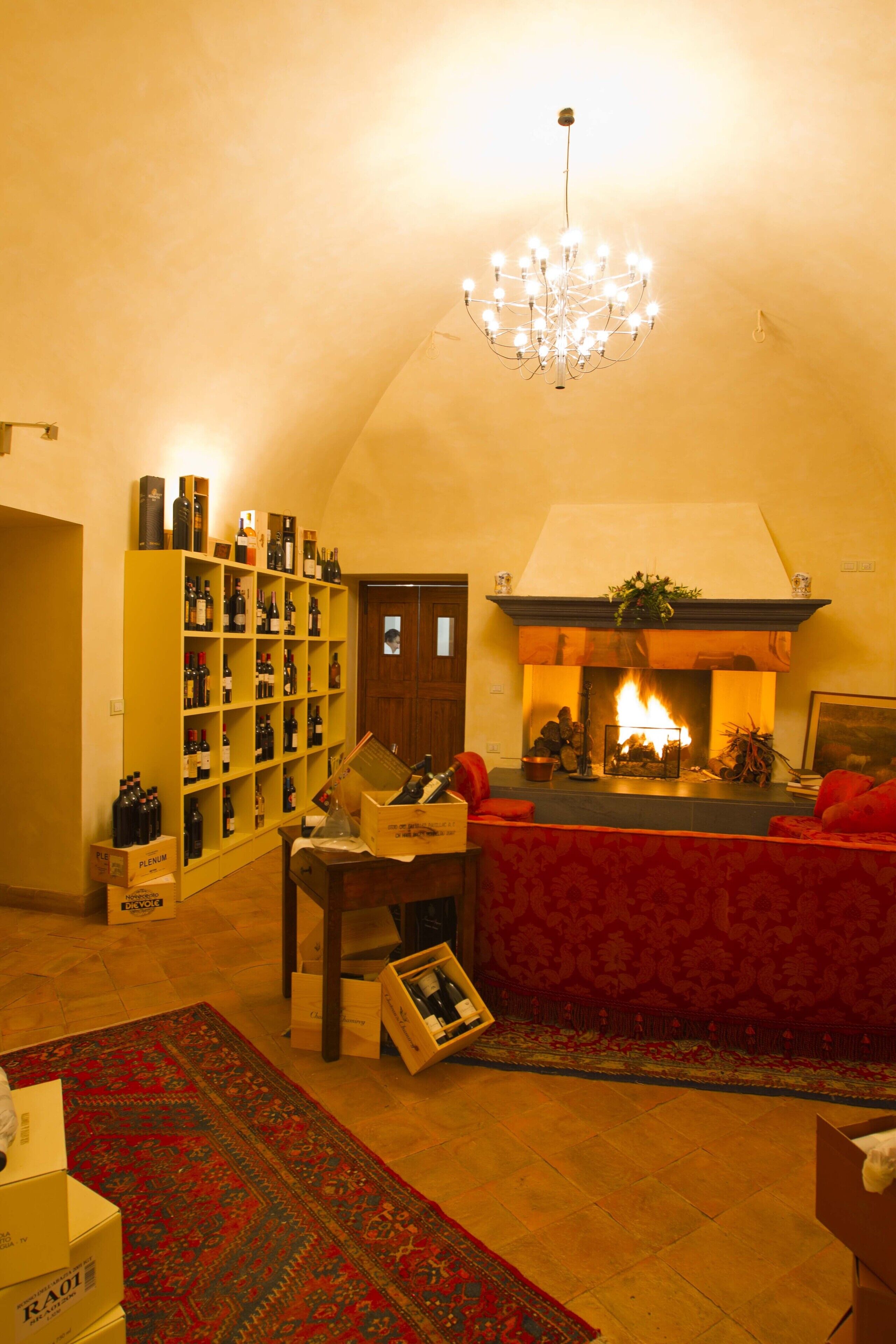 A cozy living room with a fireplace, a chandelier, and a wine collection.