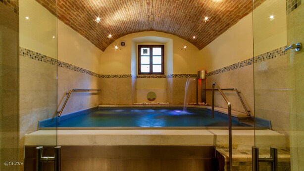 A spa with a wooden ceiling, a glass wall, and a small window.