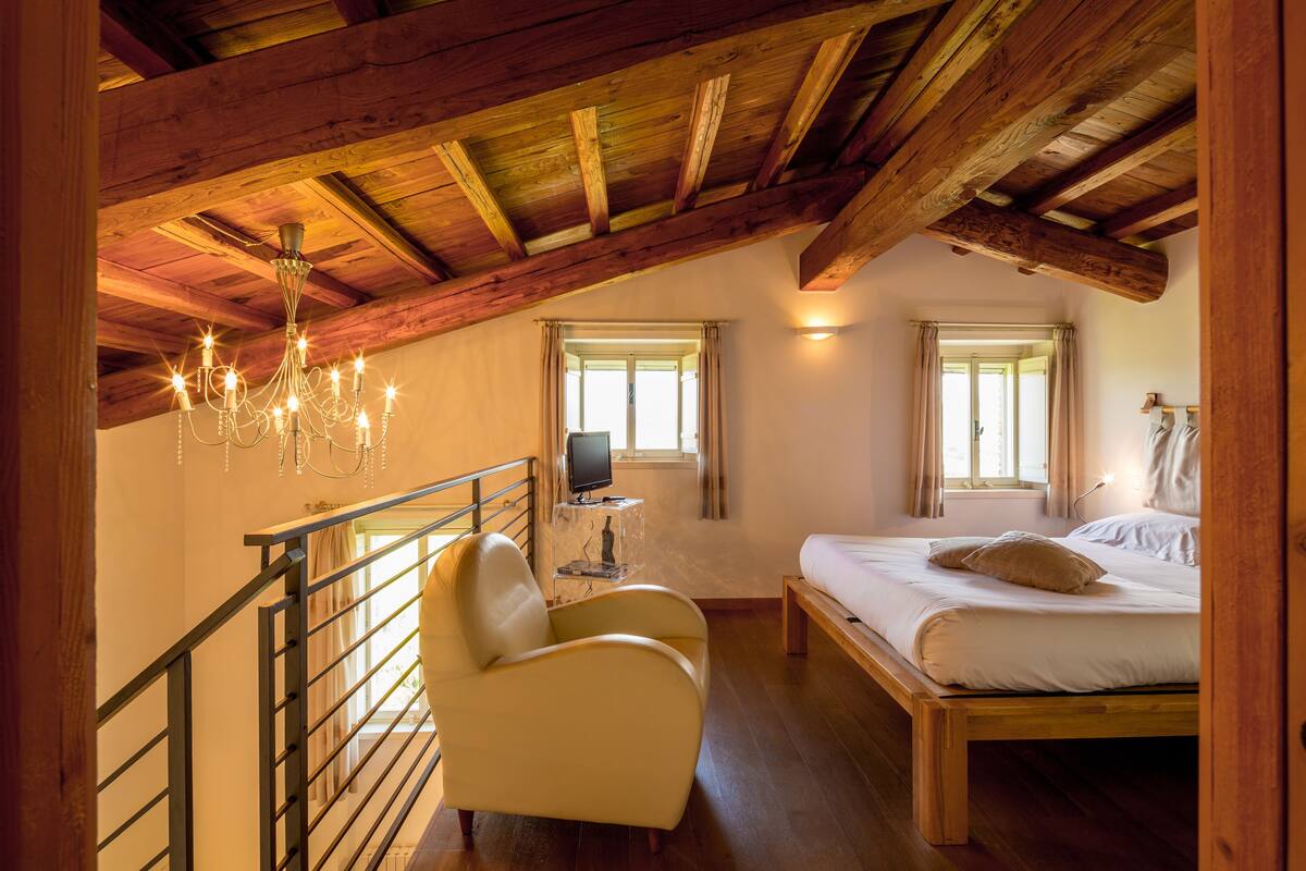 A bedroom with a wooden ceiling, a bed, a chair, a television on a small table, and two windows.