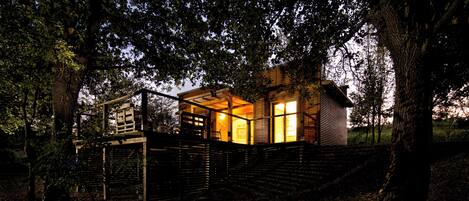 A cabin with a wooden exterior, surrounded by trees, and featuring a staircase leading to the entrance.