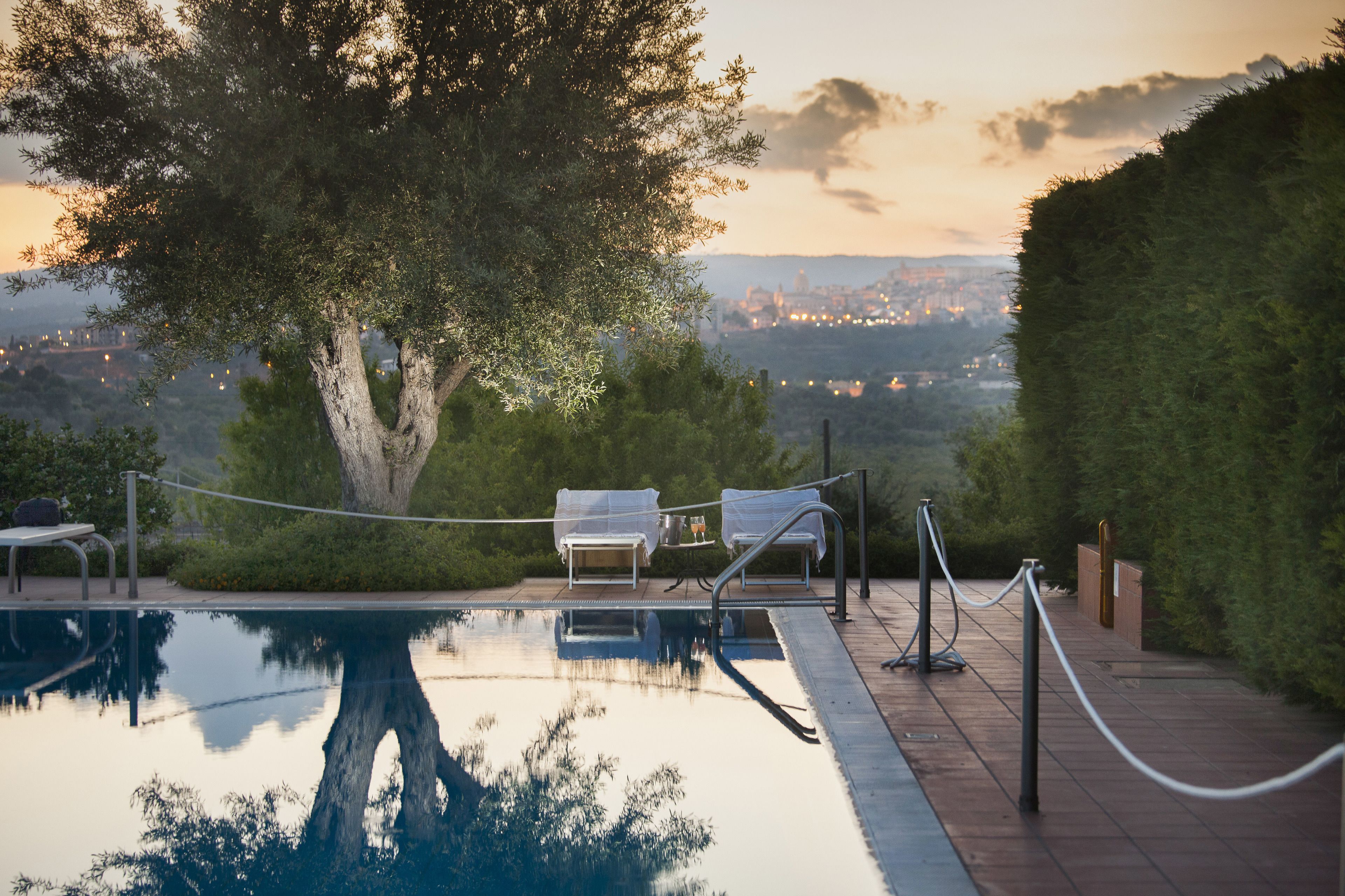 outdoor pool, pool loungers