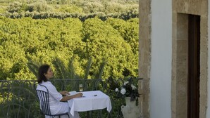 Une personne est assise à une table, devant un paysage verdoyant et luxuriant, avec la mer en arrière-plan.