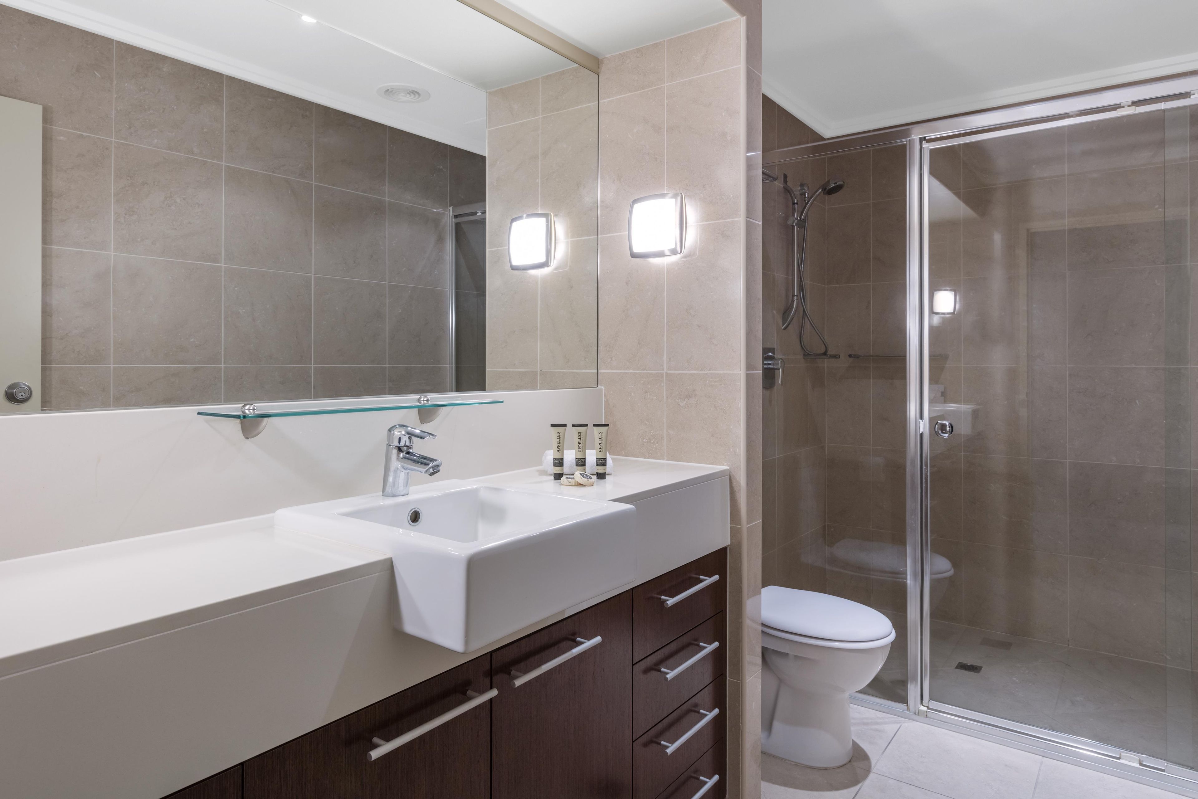 A modern bathroom with a glass shower enclosure, a white sink, and a large mirror.