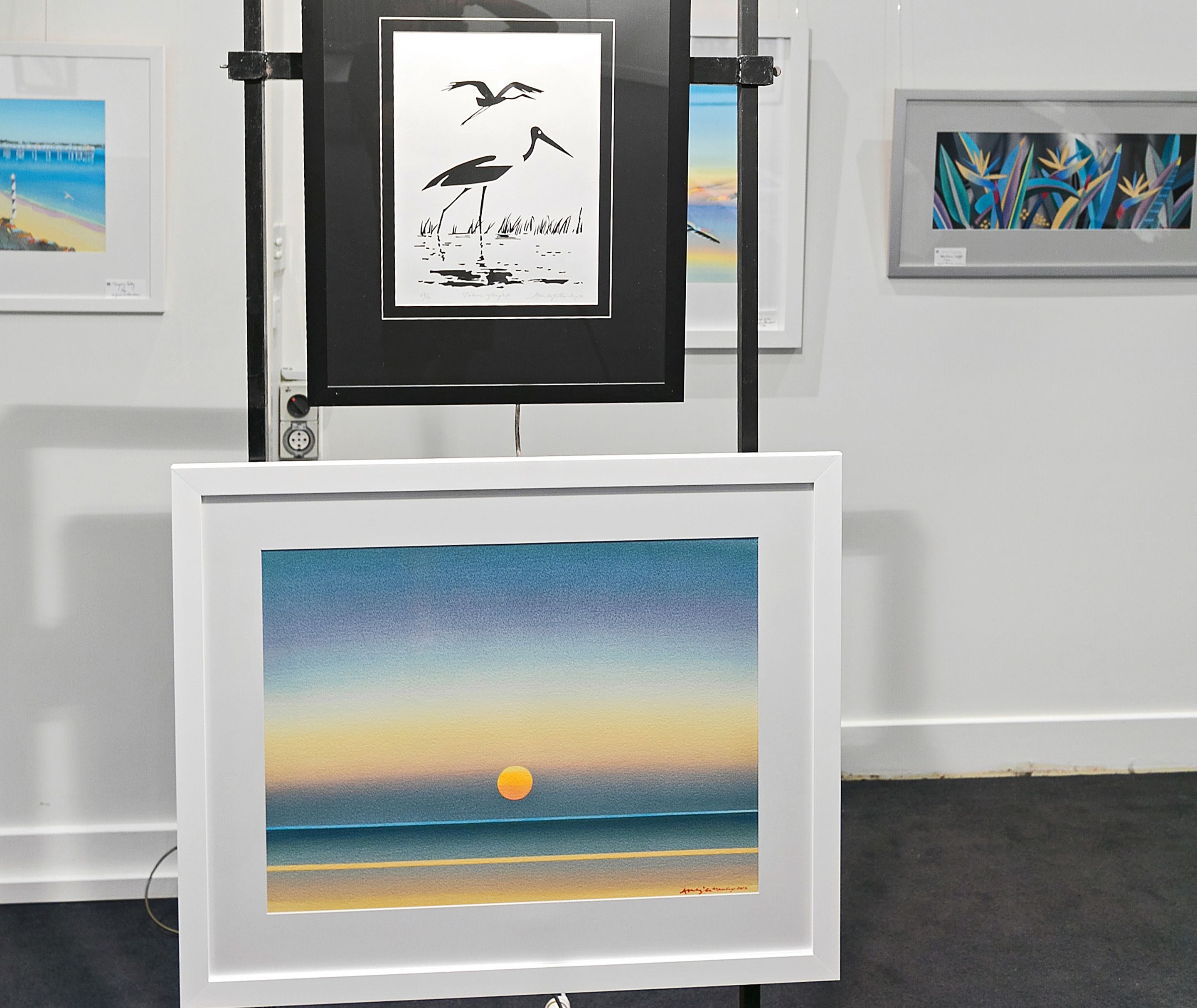 A framed artwork of a sunset over water, a framed black and white bird illustration, and a framed abstract painting.