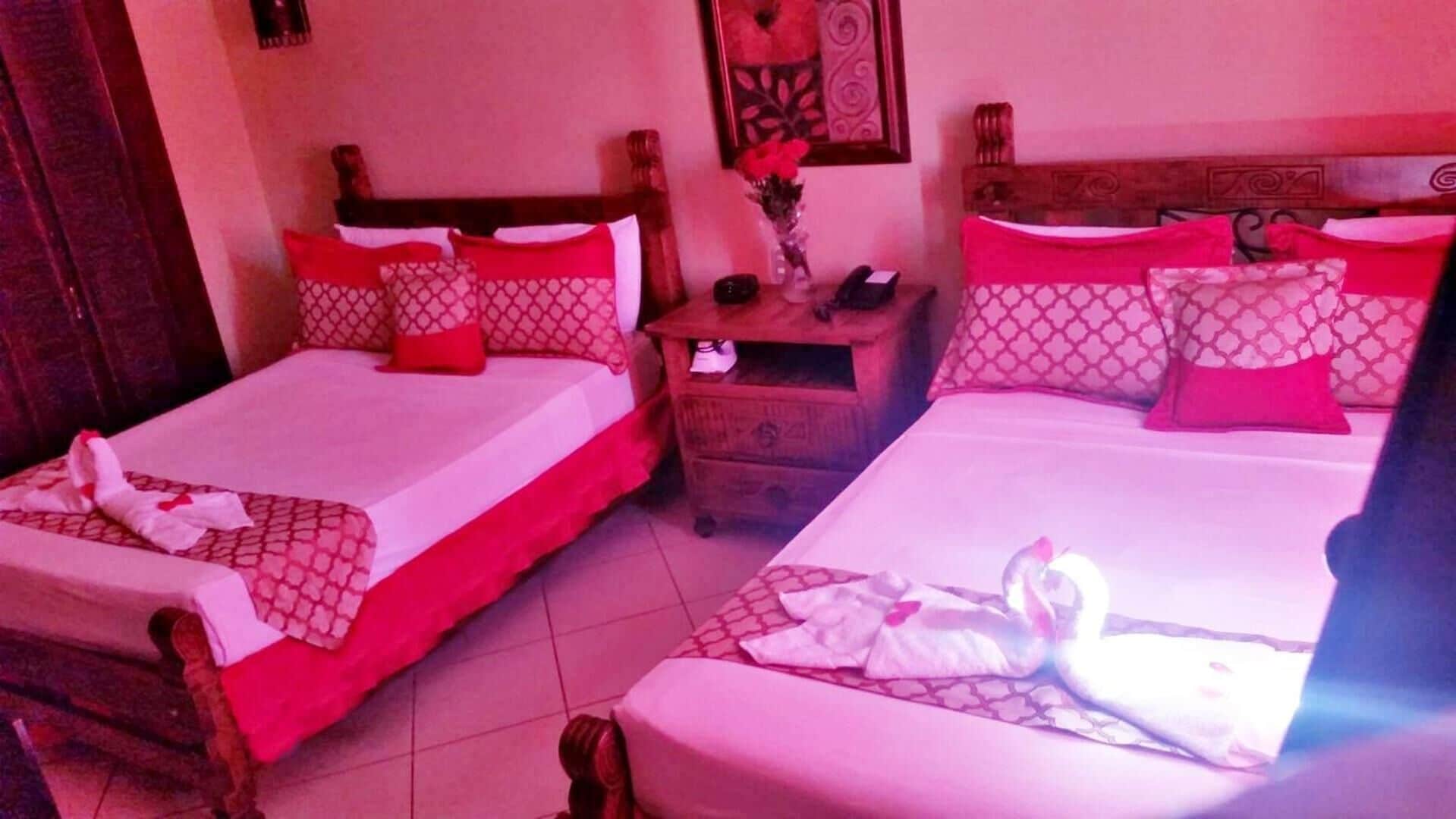 Two double beds with red and white bedding, a wooden nightstand with a telephone, and a vase with red flowers.