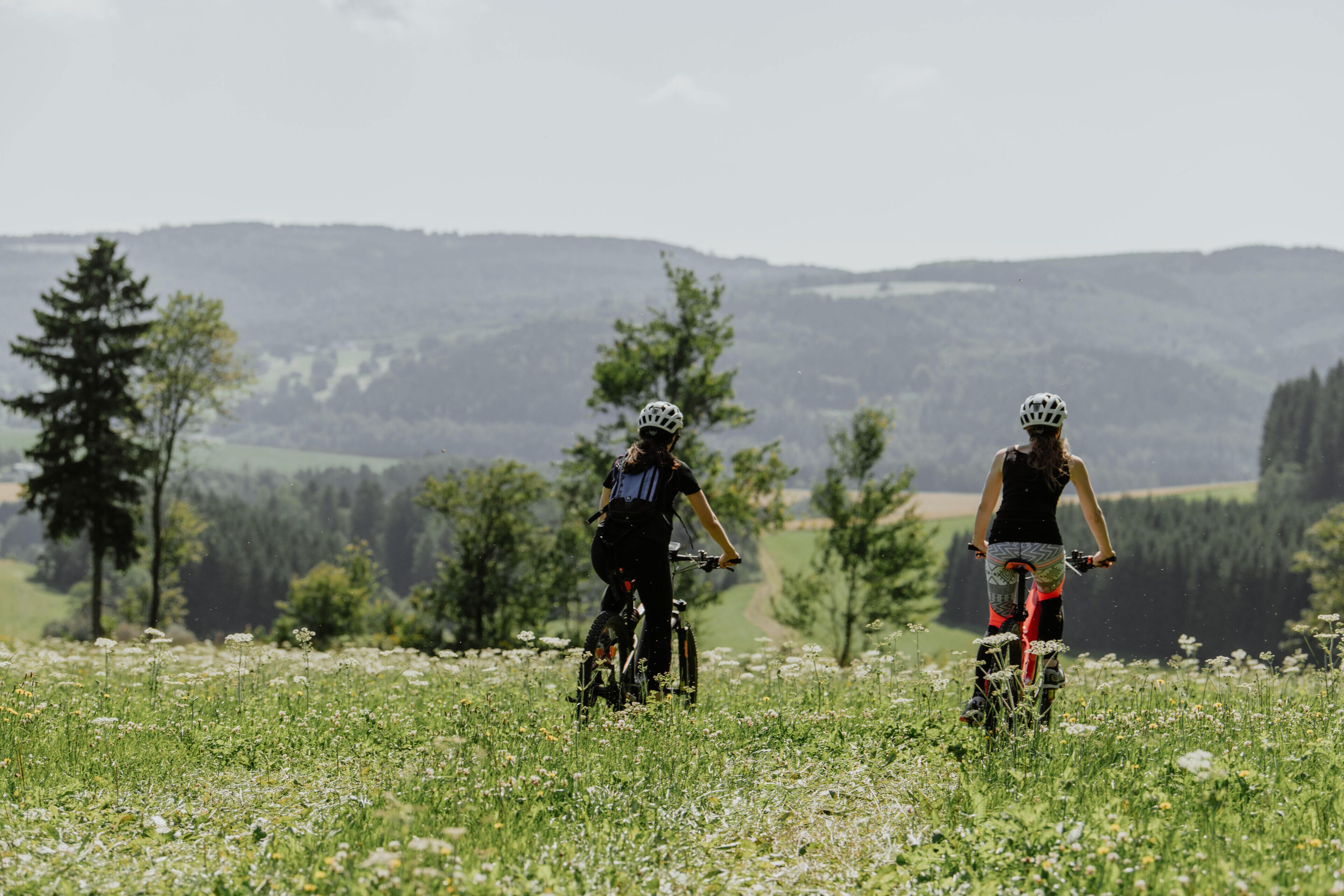 Two cyclists on a trail with a mountainous backdrop.