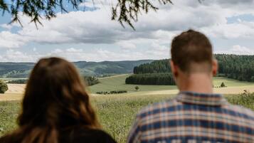 Two people overlooking a landscape with rolling hills and a forest.