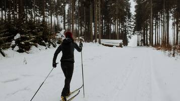 Eine Person beim Skifahren in einem verschneiten Wald.