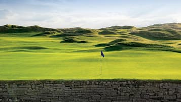 A golf course with rolling green hills and a stone wall at the foreground.