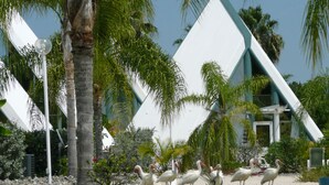 Een strandhotel met witte, puntige daken, palmbomen en een groep witte vogels in de buurt van het water.