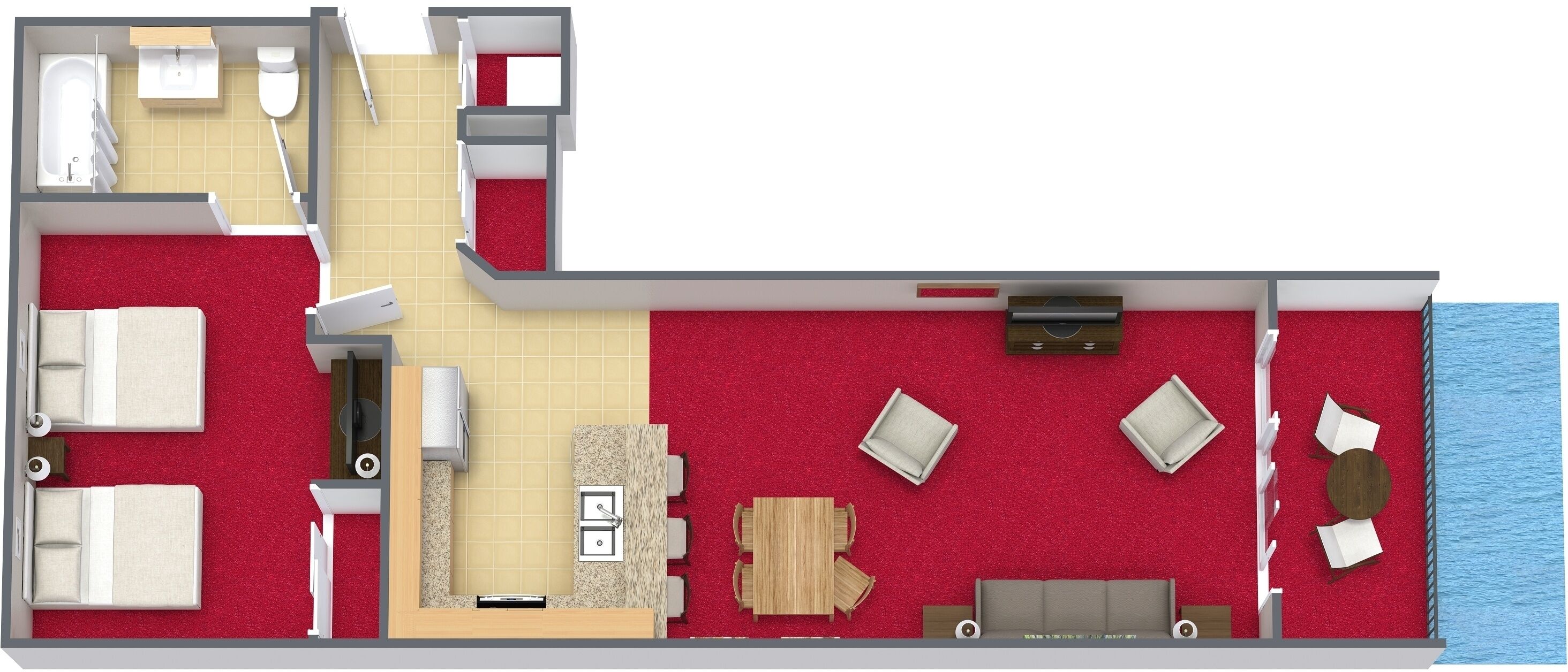 A hotel room layout with a bathroom, two beds, a dining area, and a view of the sea.