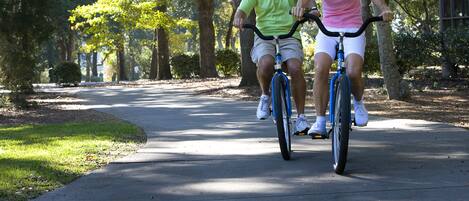 Two people riding bicycles on a tree-lined path.