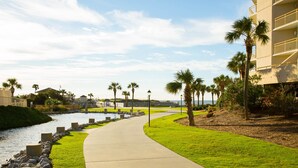 A pathway beside a water body, lined with palm trees and a building with balconies. - Ocean Creek Resort (Myrtle Beach)