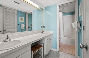 Condo, 2 Bedrooms, Beachfront | Bathroom | Combined shower/bathtub, free toiletries, hair dryer, towels - Ocean Creek Resort (Myrtle Beach)