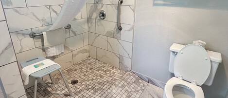 Baño con ducha, inodoro y un pequeño taburete.