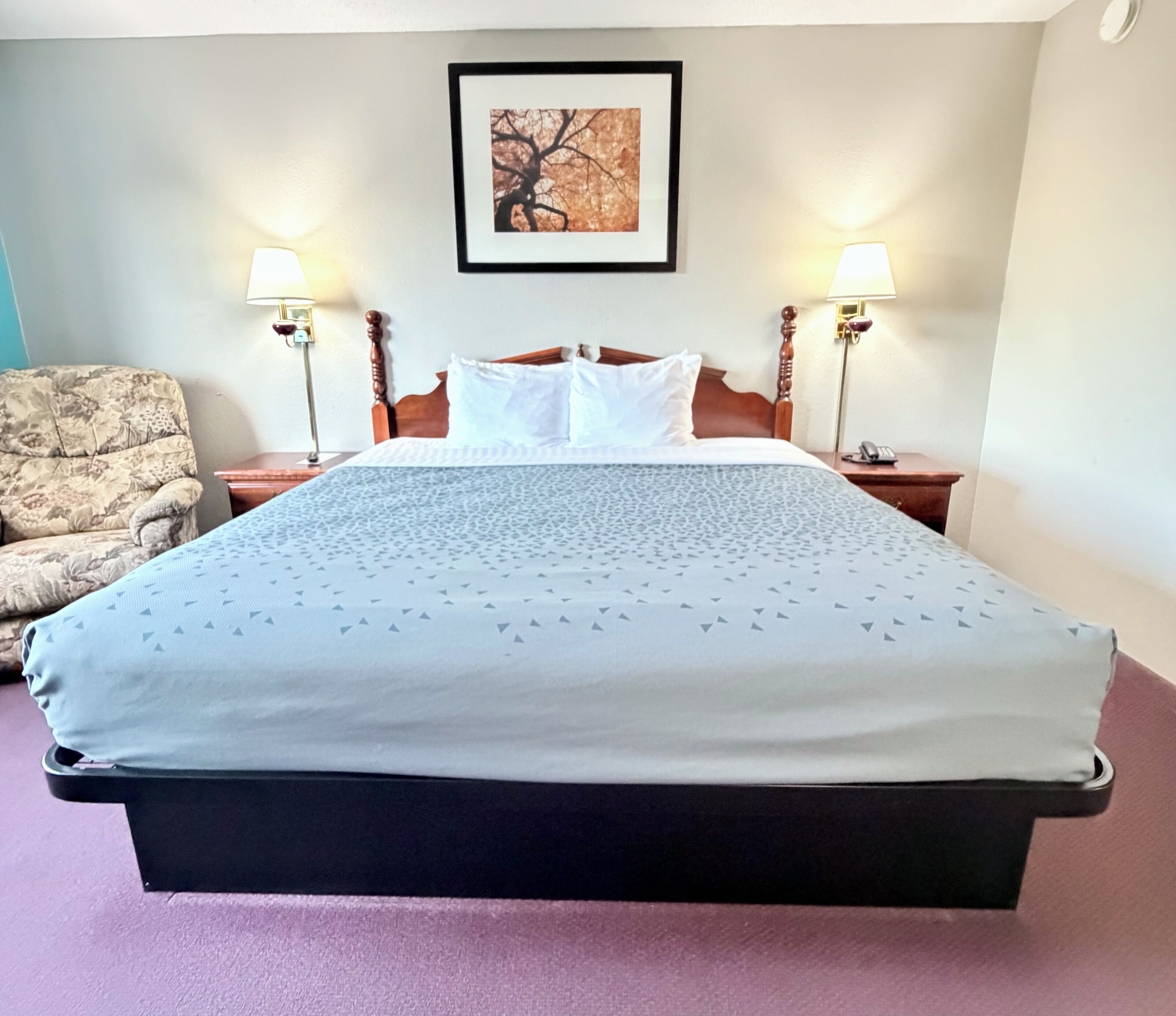Habitación de hotel con una cama grande, dos mesitas de noche, una silla y un cuadro en la pared.