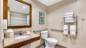A bathroom with a sink, mirror, toilet, and towel rack.