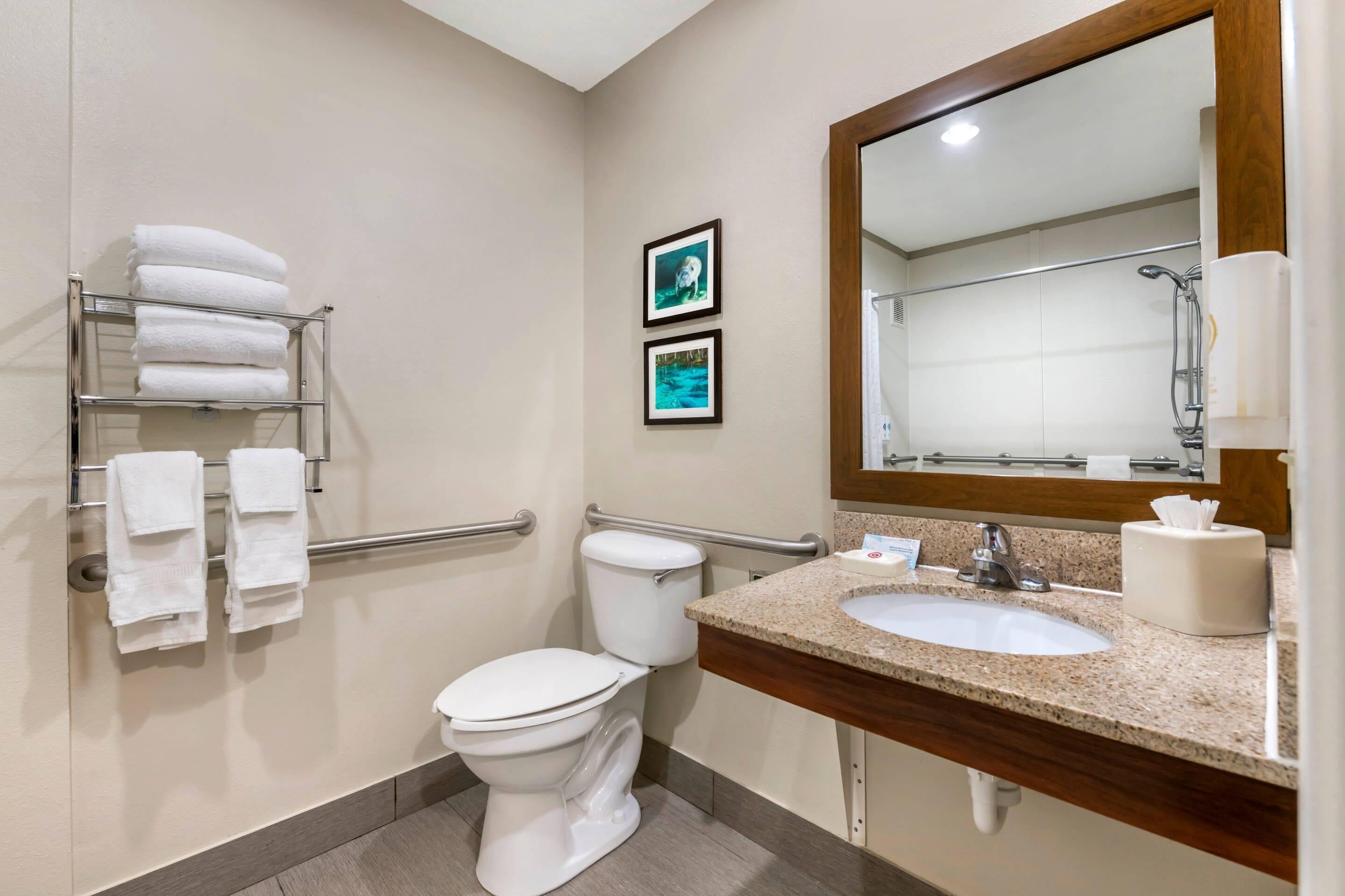 Un baño moderno con inodoro, lavamanos y toallero.