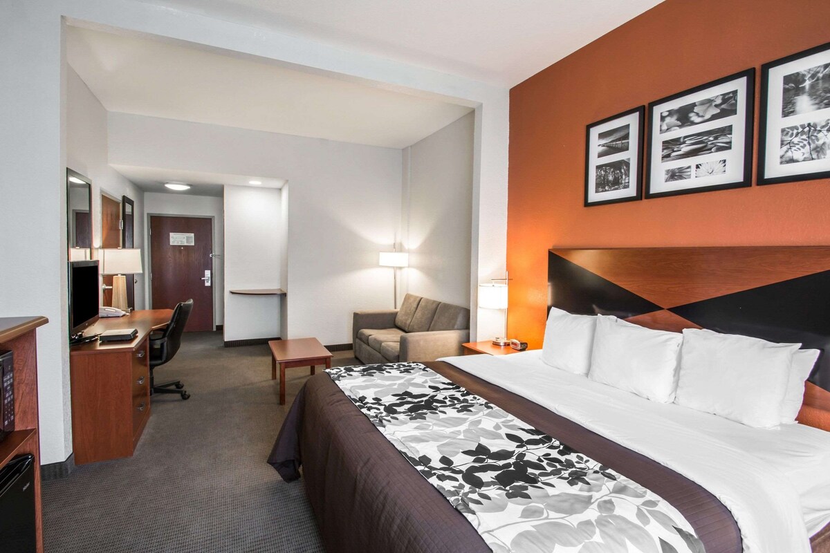 Habitación de hotel con una cama grande, un escritorio, una silla, un sofá y una pared decorada con cuadros.