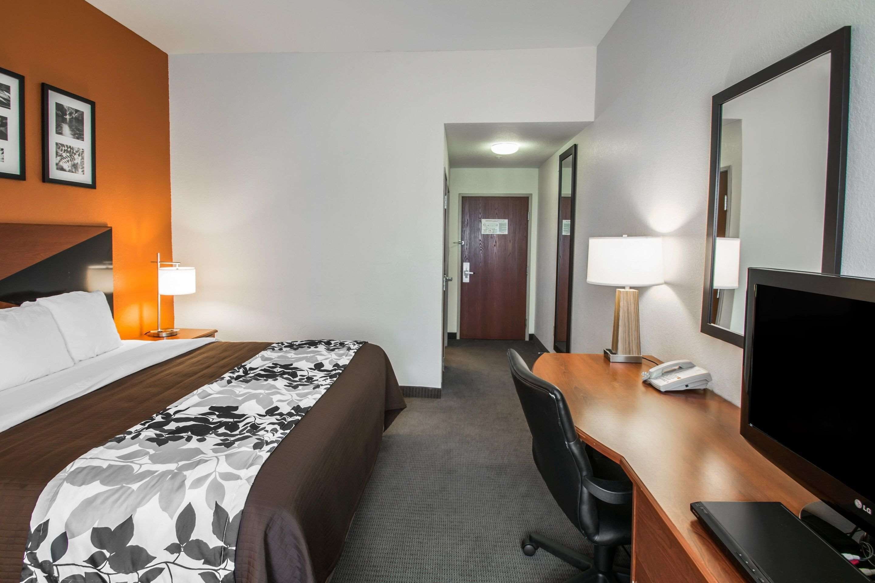 A hotel room with a bed, desk, chair, TV, and a mirror.