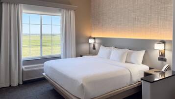 A hotel room with a large bed, a nightstand with a lamp, and a view of a grassy field through a window.