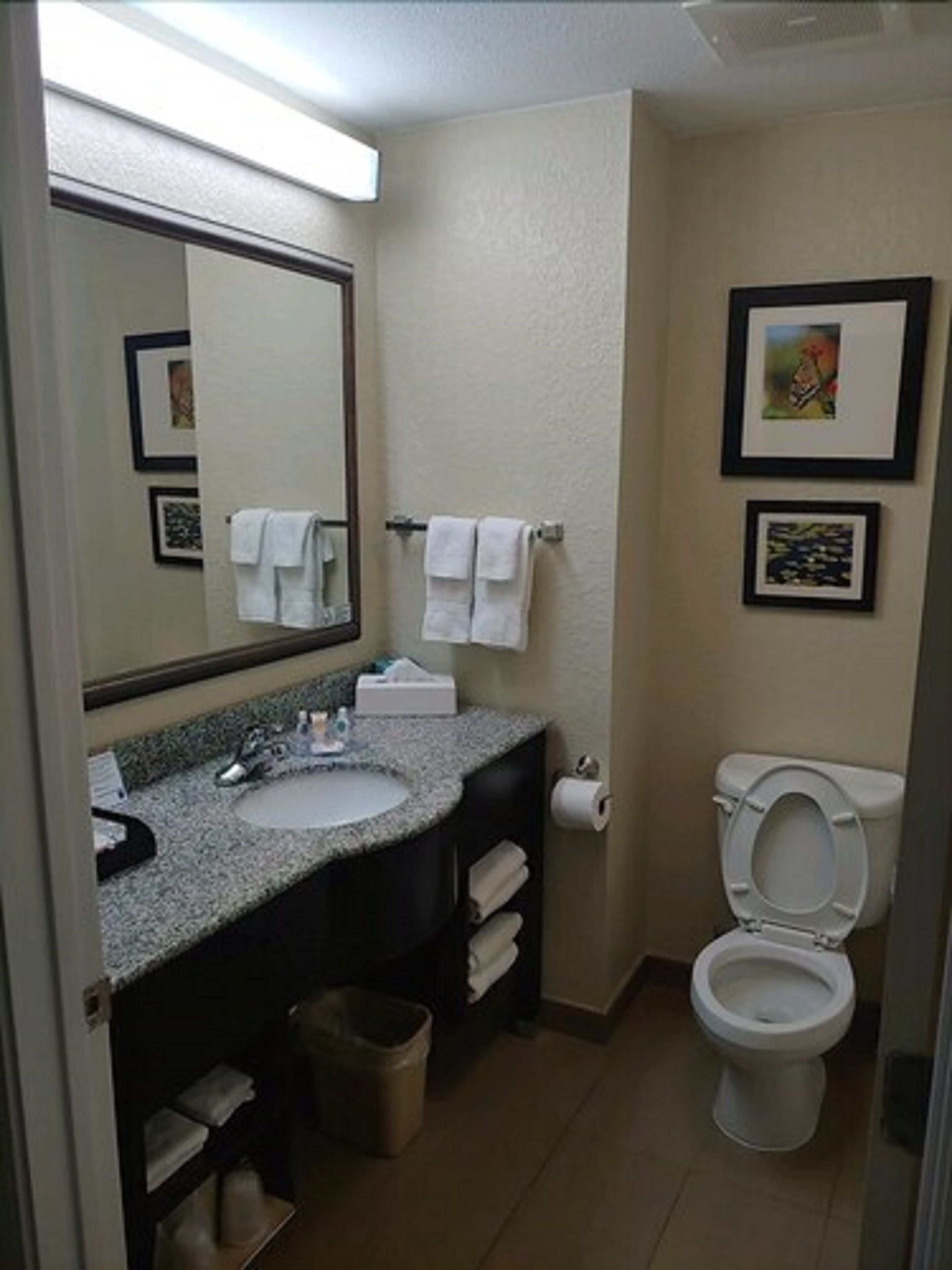 A compact bathroom with a sink, mirror, toilet, and towel rack.