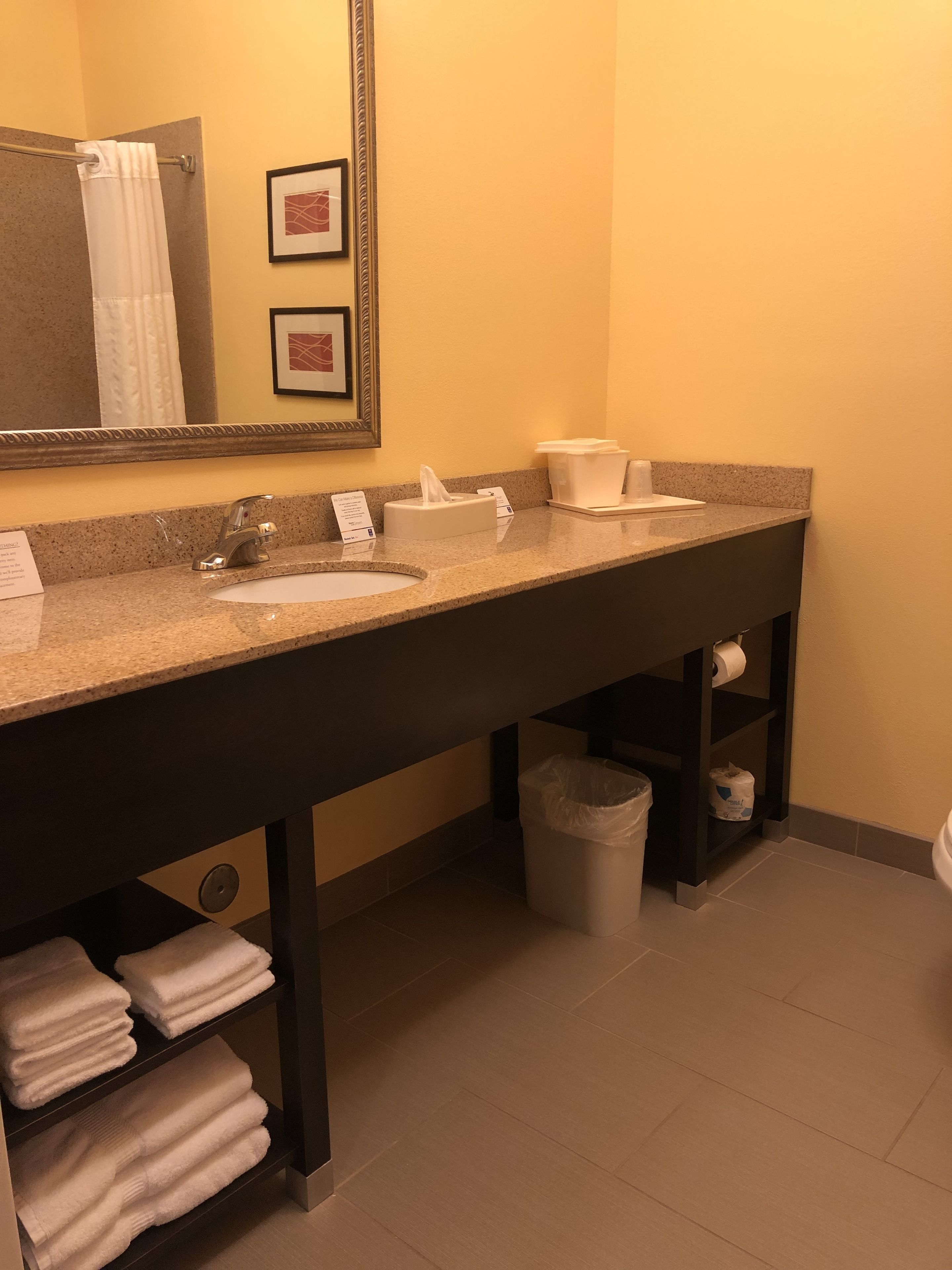 A bathroom with two sinks, a mirror, a towel rack, and a trash bin.