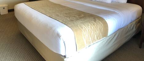 A hotel room with a large bed, a chair, two bedside lamps, and a nightstand.