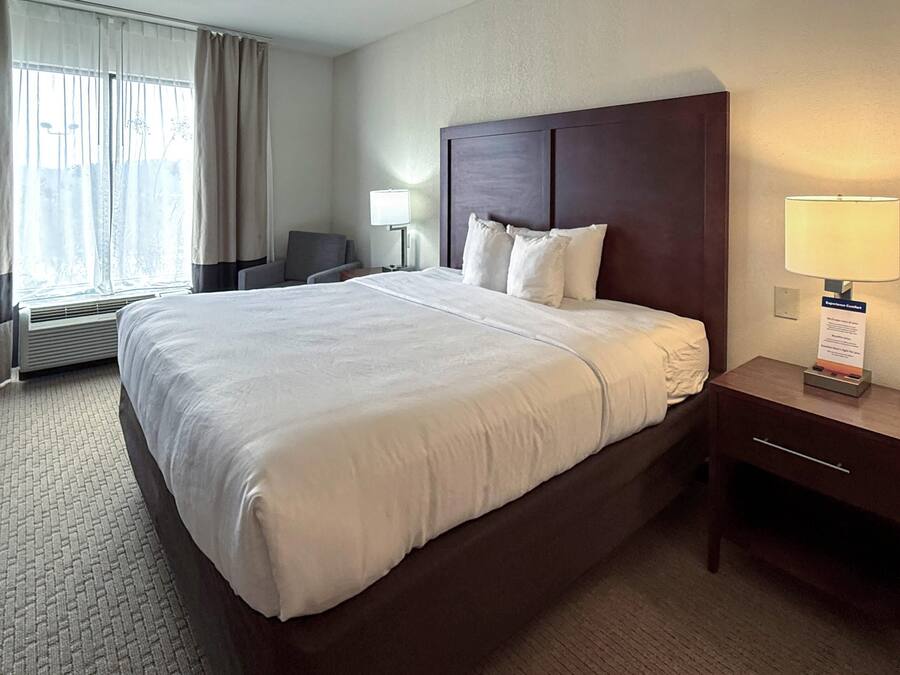 A hotel room with a large bed, a bedside table with a lamp, a chair, and a window with curtains.
