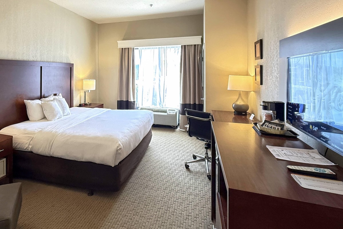 A hotel room with a large bed, a desk with a computer, a TV, and a window with curtains.