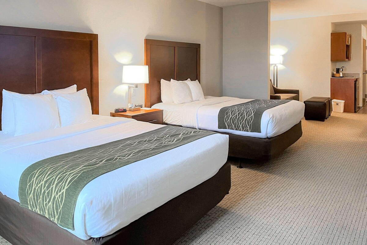 Une chambre d’hôtel avec deux lits, un bureau, une chaise, une lampe et une kitchenette.