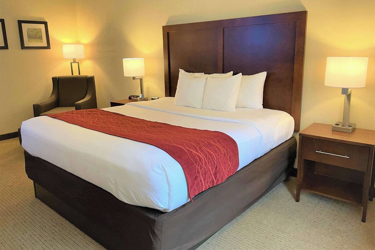Une chambre d’hôtel avec un grand lit, deux tables de chevet, une chaise et deux lampes.