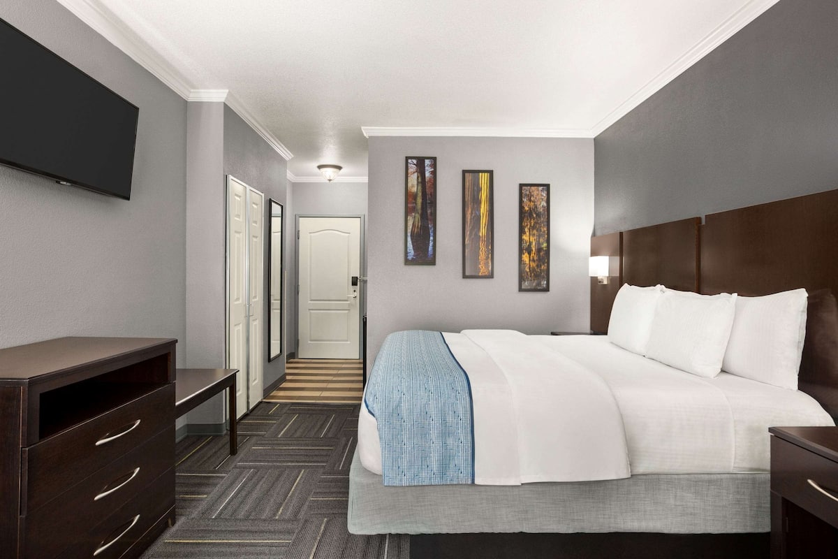 A hotel room with a large bed, a desk, a flat-screen TV, and artwork on the walls.