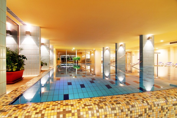 Indoor pool, outdoor pool, pool umbrellas, sun loungers