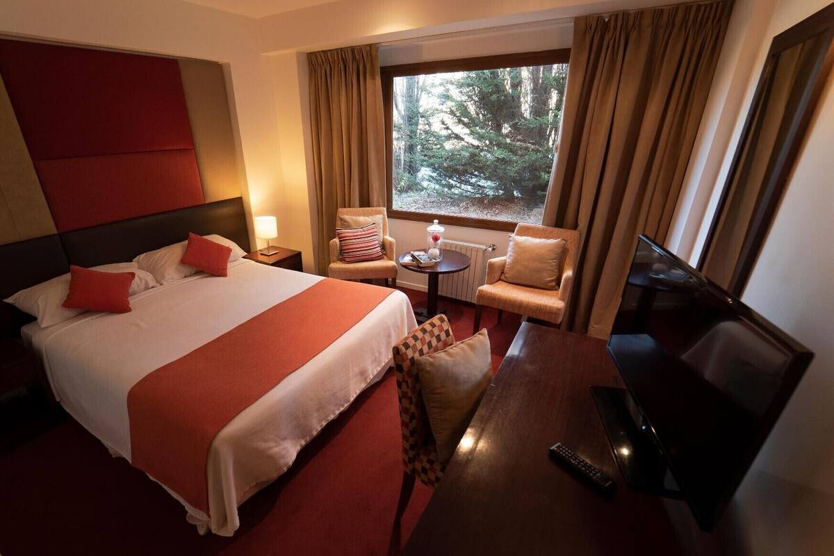 A hotel room with a large bed, a desk, a chair, a TV, and a window with a view of trees.