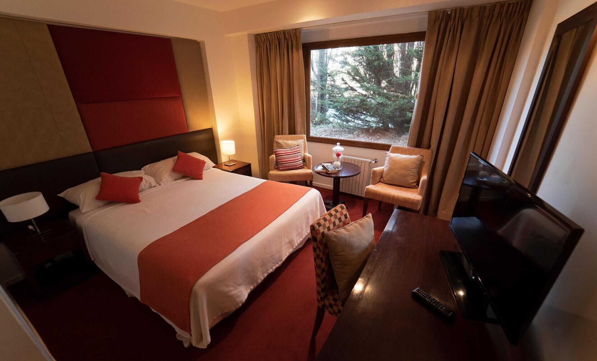 Habitación de hotel con una cama grande, un escritorio, una silla, un televisor y una ventana con vistas a árboles.