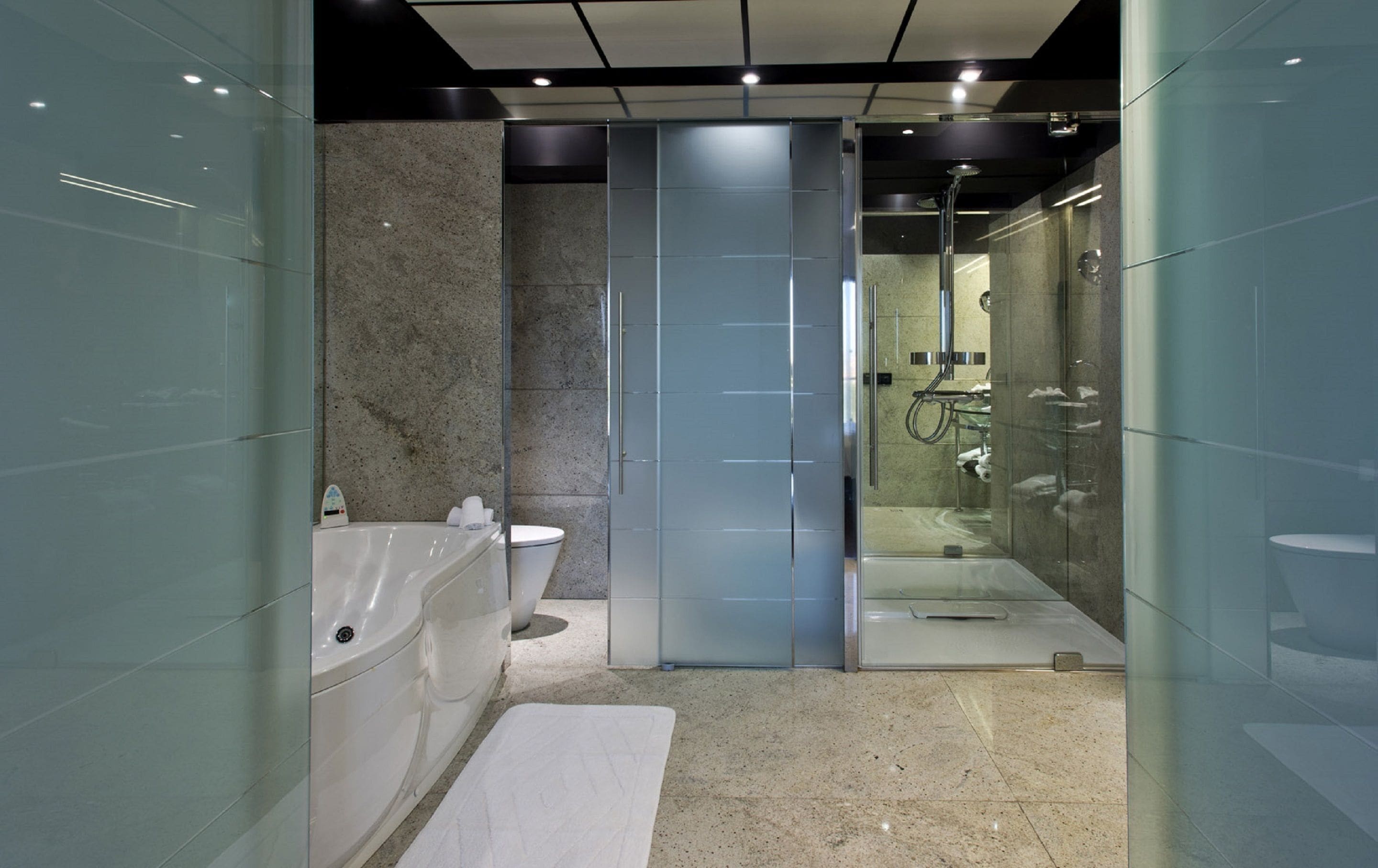 A modern bathroom with a glass shower enclosure, a bathtub, and a toilet.