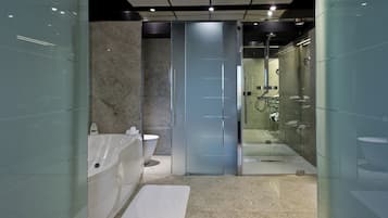 A modern bathroom with a glass shower enclosure, a bathtub, and a toilet.