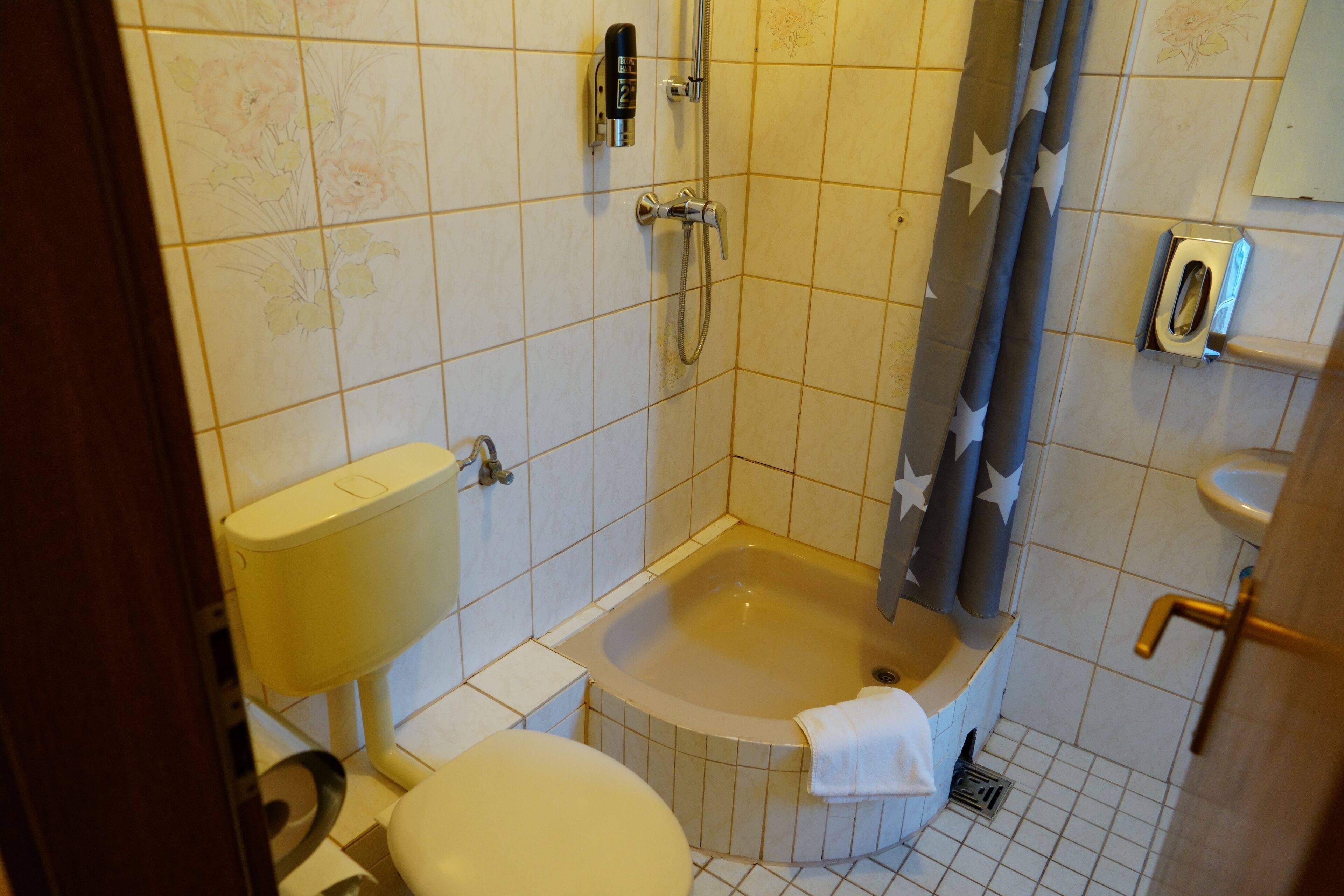A small bathroom with a toilet, a bathtub, and a shower.