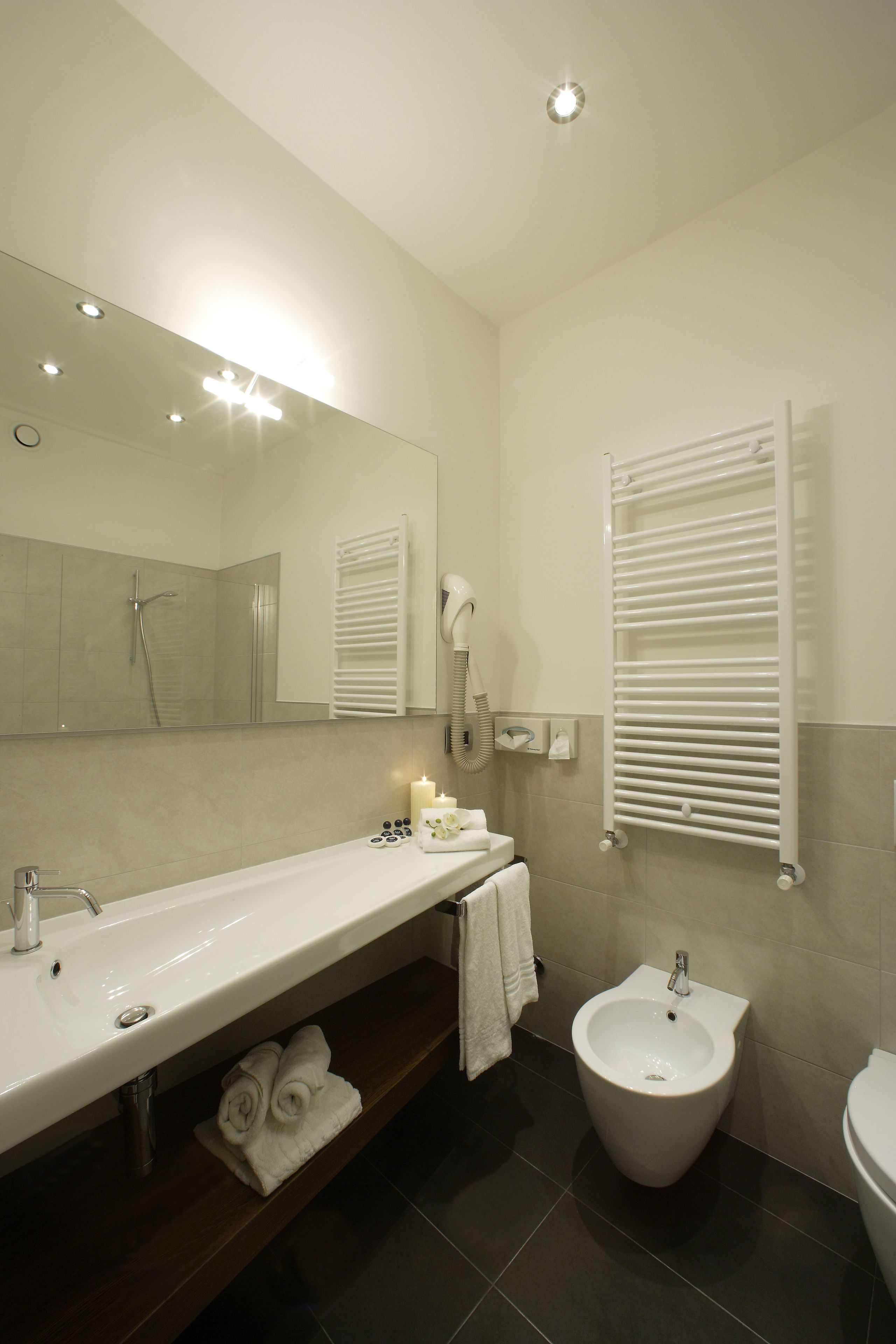 eco-friendly toiletries, hair dryer, bidet, towels