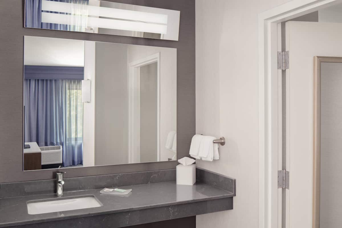 combined shower/bathtub, designer toiletries, hair dryer, towels