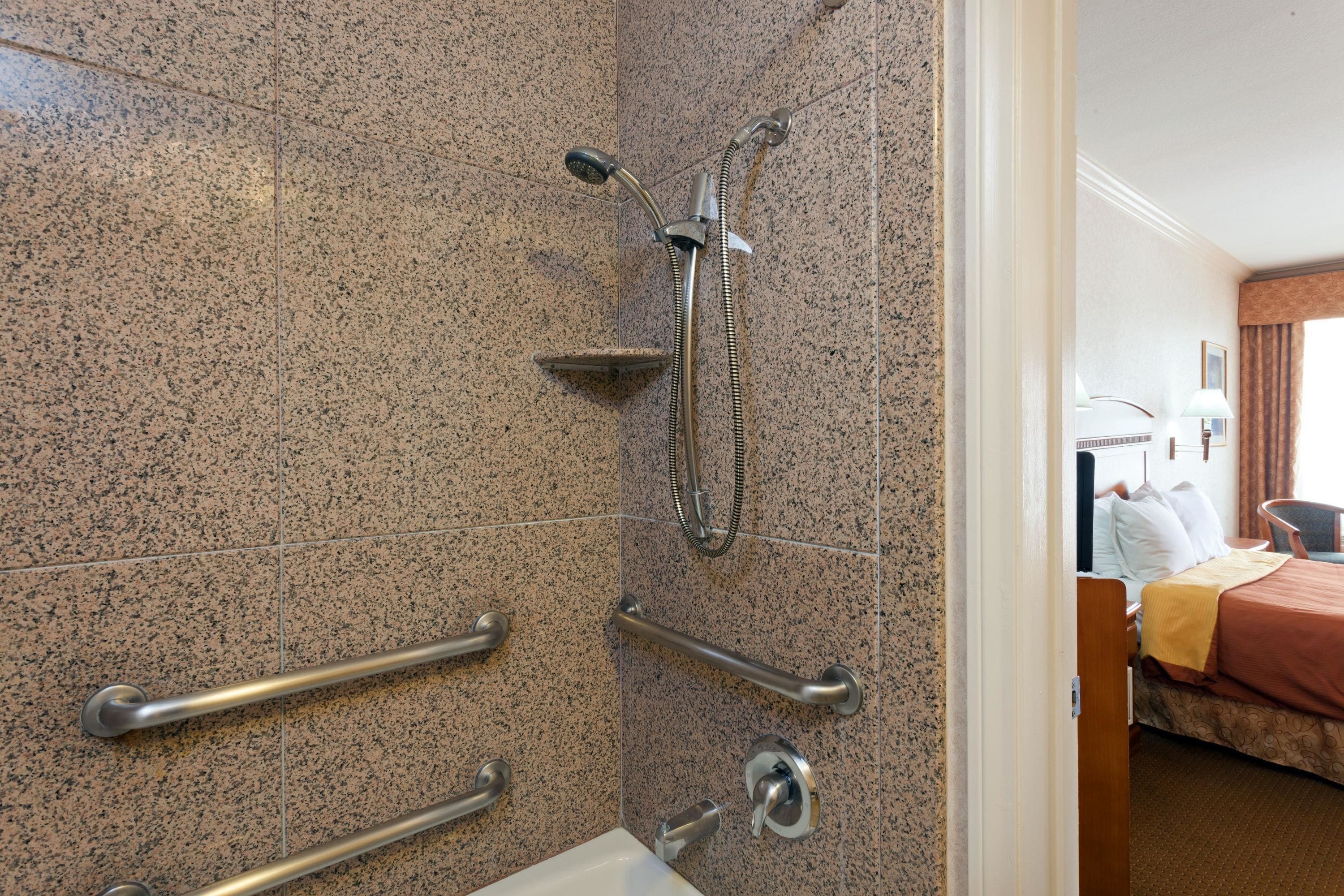 A bathroom with a shower, grab bars, and a bed in the adjacent room.