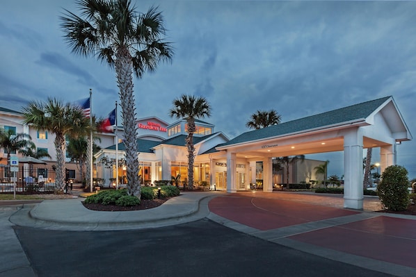 A hotel entrance with a covered walkway, palm trees, and flags. - Hilton Garden Inn Corpus Christi (Corpus Christi)