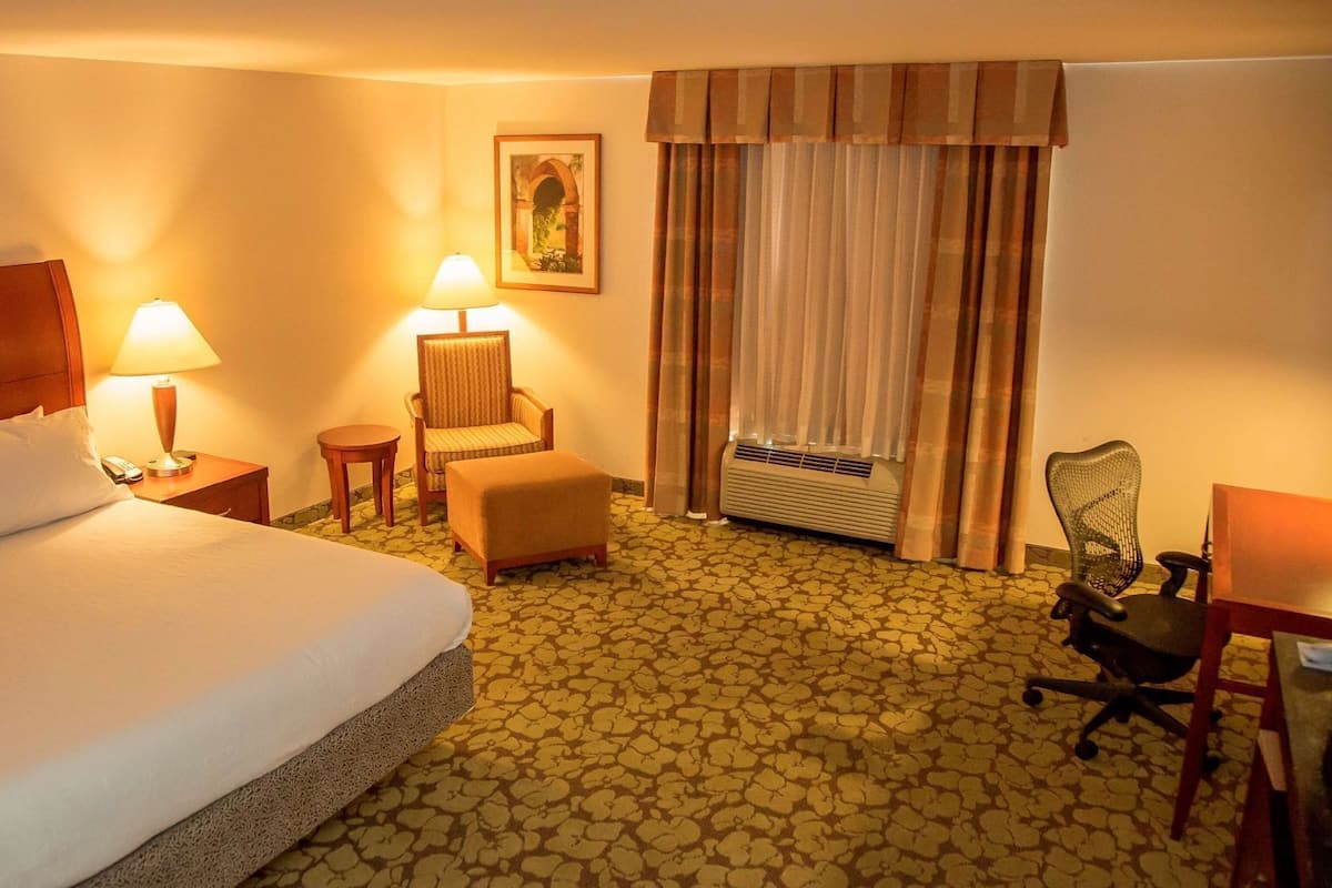 Habitación de hotel con una cama grande, dos lámparas de noche, una silla, un reposapiés, un escritorio con silla, una ventana con cortinas y un cuadro en la pared.